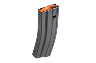 The C Products 30 round 5.56 AR-15 magazine is made from aluminum with an orange follower